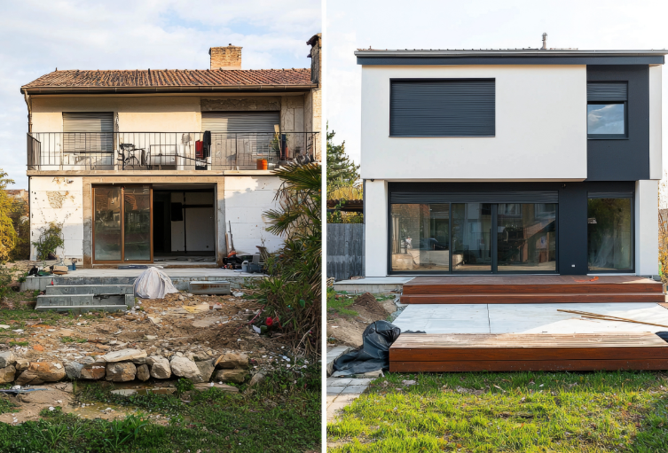 A tired property before renovation beside the same home after a full flip
