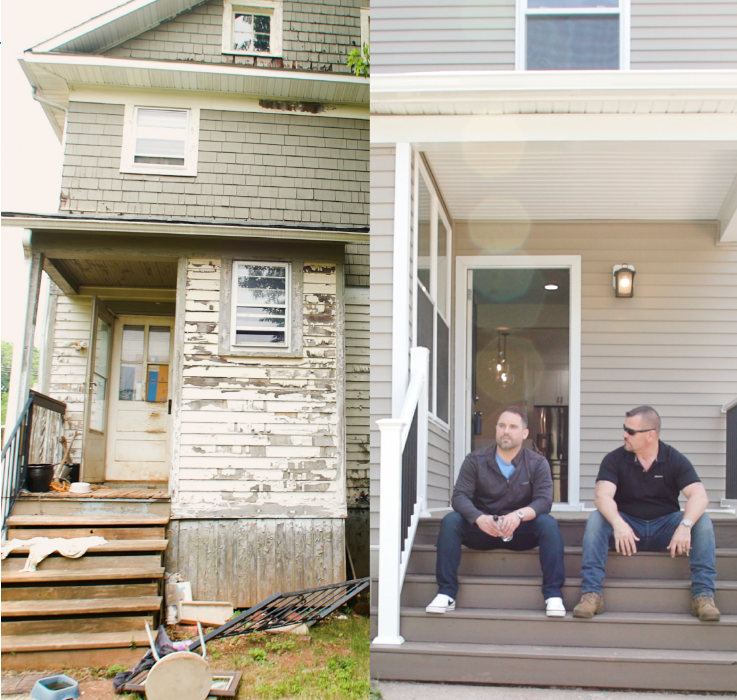 The same property before renovation beside the finished result