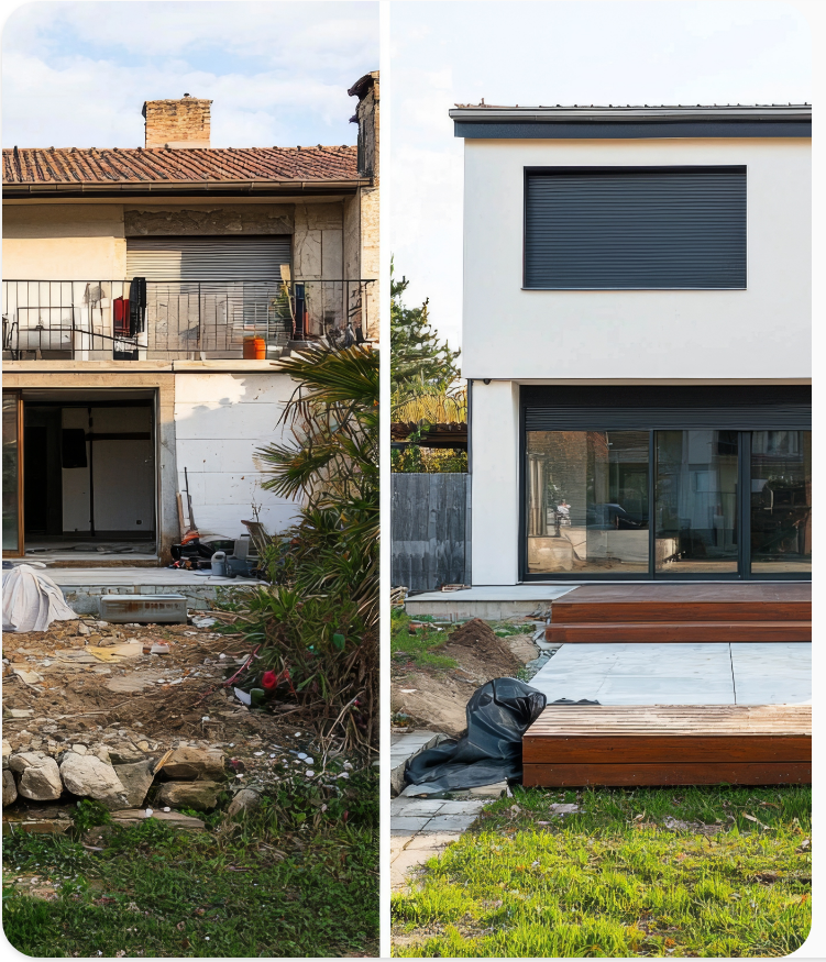 A rundown property beside the same home after renovation